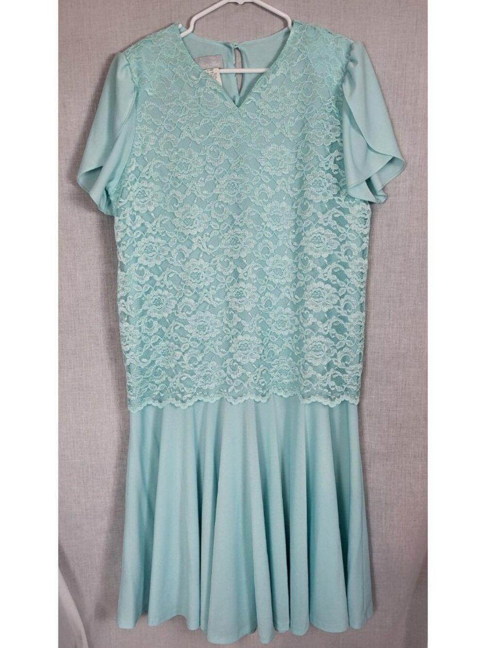 Vintage 80s 90s Mint Green Dress Floral Lace Sz 16 Mom Wedding Church Lady Blair